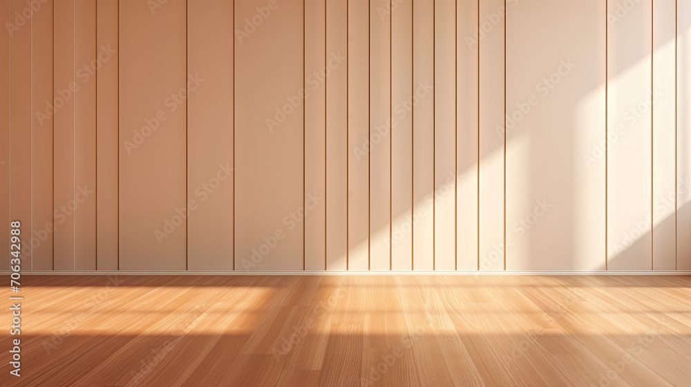 empty room with beige wall , wooden floor and spotlight, beige corrugated wall background with shadow sunlight. A bright beige room with a warm wooden floor and modern vertical blinds. empty room with beige wall , wooden floor and spotlight, beige corrugated wall background with shadow sunlight. A bright beige room with a warm wooden floor and modern vertical blinds.