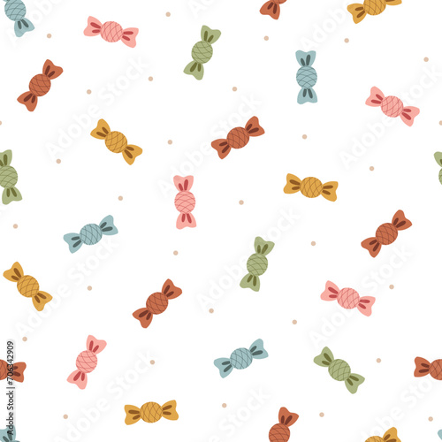 Abstract seamless vector pattern with hand drawn colorful candies. Cute modern background for kids room decor, nursery art, apparel, gift, fabric, textile, wrapping paper, wallpaper, packaging.