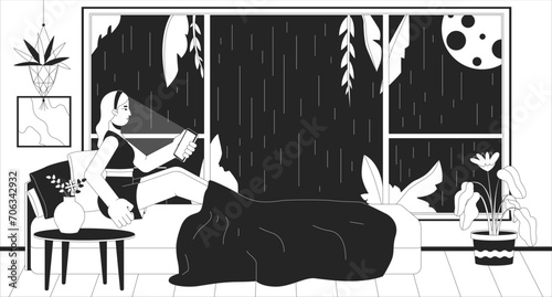 Sleepless night scrolling phone black and white lofi wallpaper. Girl surfing internet at rainy midnight 2D outline cartoon flat illustration. Insomnia. Dreamy vibes vector line lo fi background
