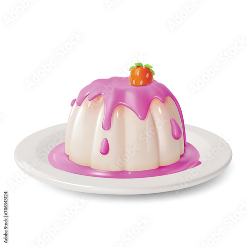 3d Panna Cotta with Strawberry and Syrup Sweet Dessert Food Cartoon Style Isolated on a White Background. Vector illustration