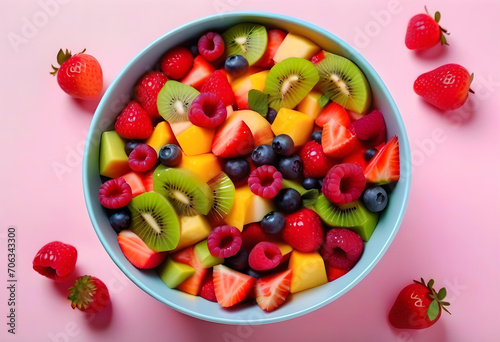 Bowl of healthy fresh fruit salad on pink background, top view