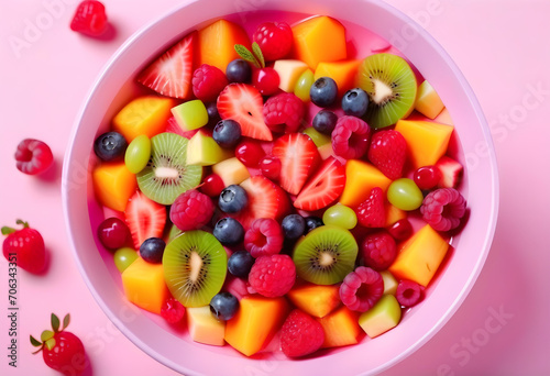 Bowl of healthy fresh fruit salad on pink background  top view