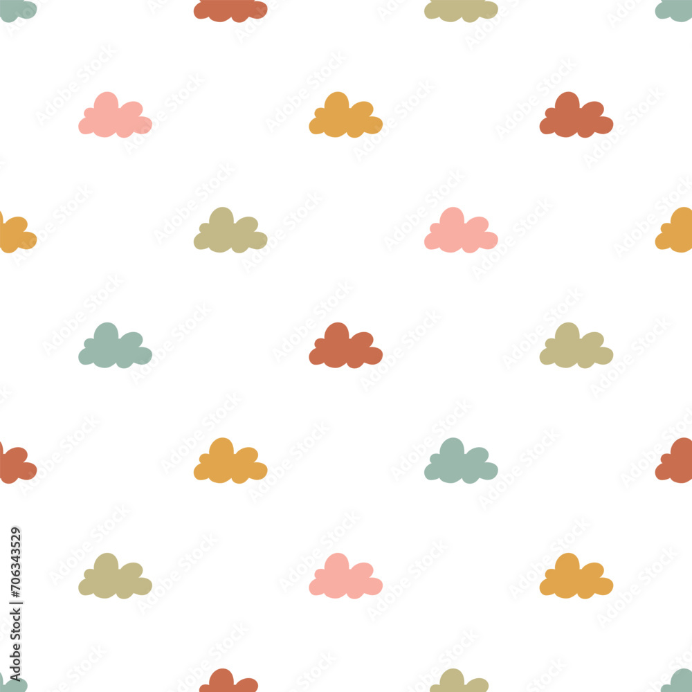 Cute retro clouds seamless vector pattern. Simple scandi design. Vintage hand drawn background for kids room decor, nursery art, gift, fabric, textile, wrapping paper, wallpaper, packaging, apparel.