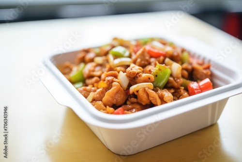 ready-to-eat sweet and sour pork in a fast-food carton