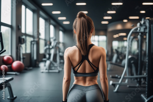 Handsome girl in gym, view from behind