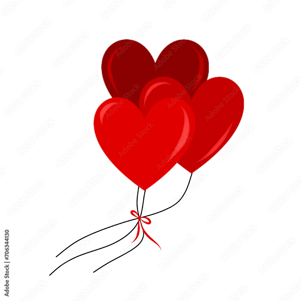 red heart balloons with ribbon flat style vector illustration isolated on white and transparent background for love, romance, decoration