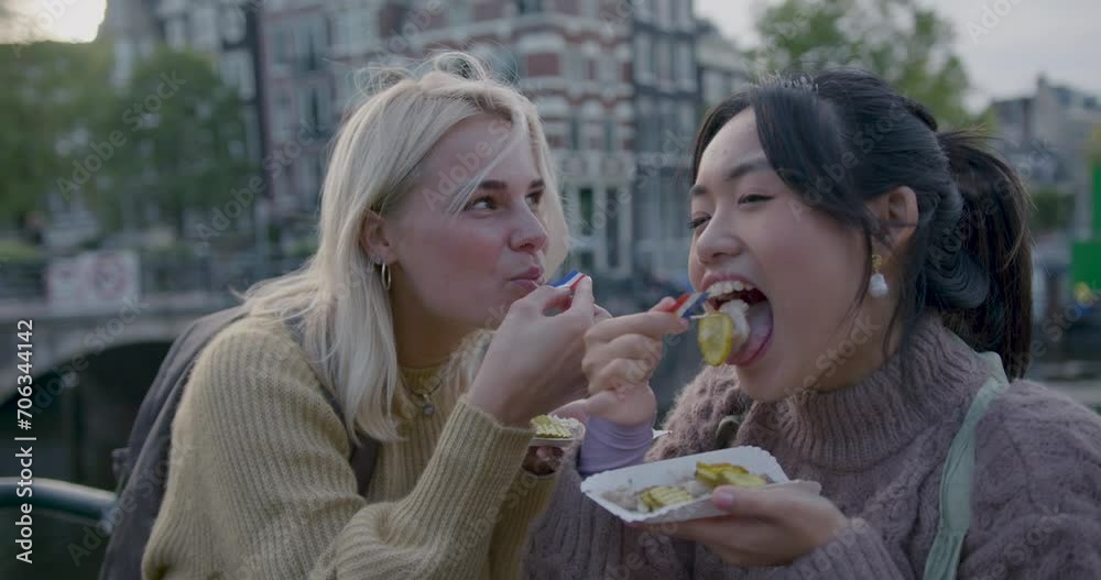 Lesbian Couple Eating Fresh Herring in Amsterdam, the Netherlands Lesbian Couple Eating Fresh Herring in Amsterdam, the Netherlands