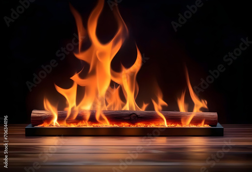 wooden table with Fire burning at the edge of the table, fire particles, sparks, and smoke in the air,
