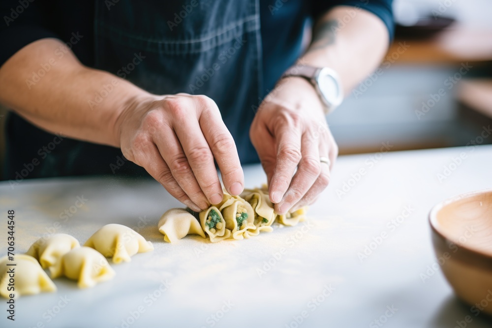 making tortellini, hands folding pasta around filling