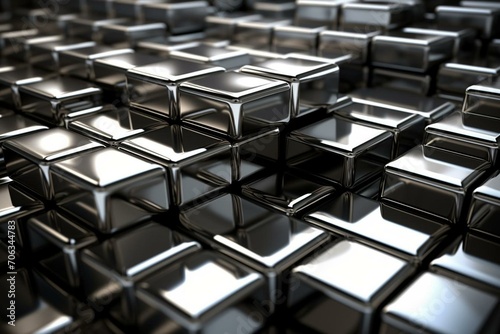 Shiny, 3D tiles forming a wall made of stacked silver bullion. Rendered in 3D. Generative AI