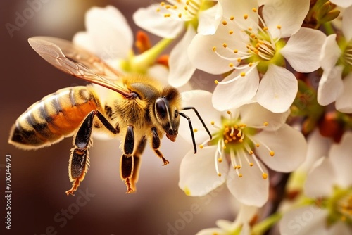 Bee enjoying nectar on a beautiful blossom. Generative AI