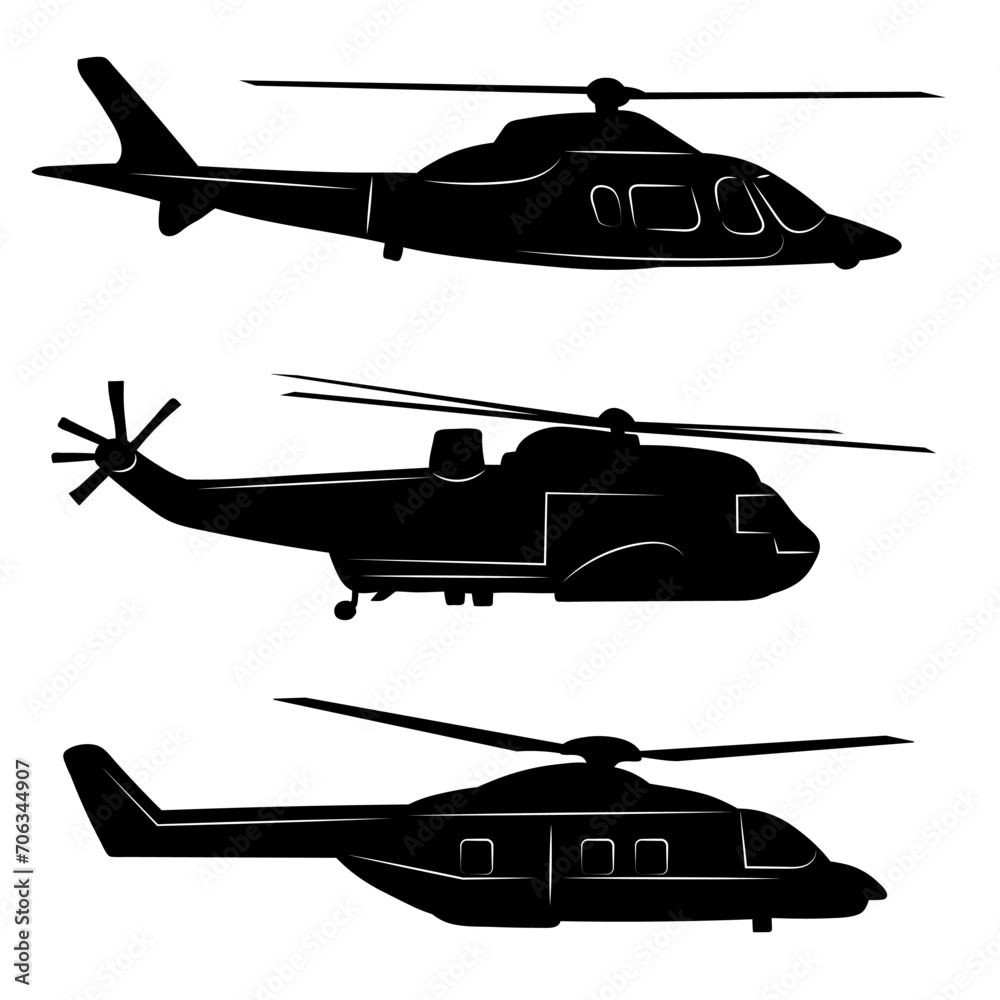 helicopters set silhouette on white background, vector