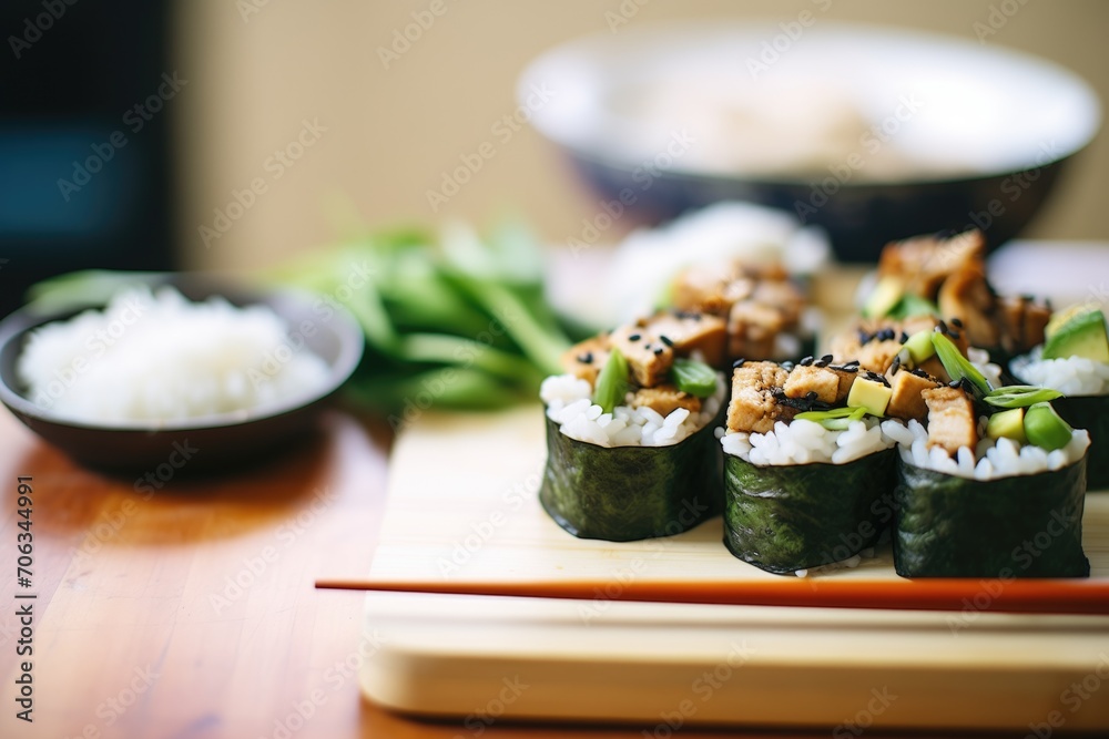 tempeh and avocado sushi rolls with soy sauce tempeh and avocado sushi rolls with soy sauce