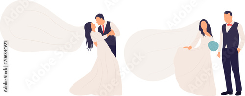 bride and groom with veil on white background, vector