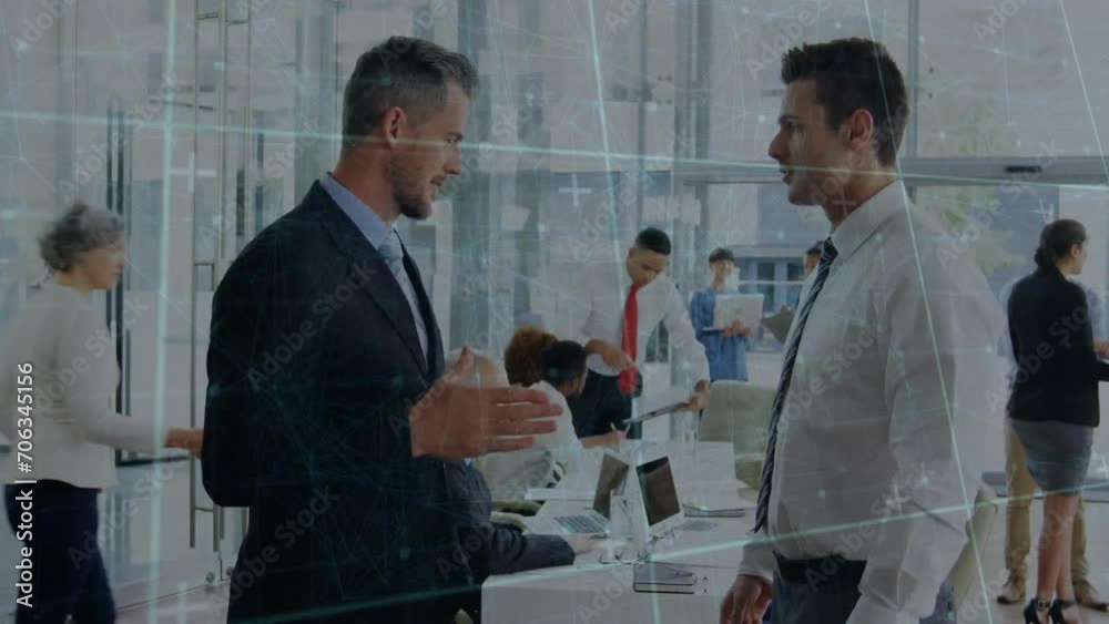 Animation of network of connections over diverse colleagues discussing work in office