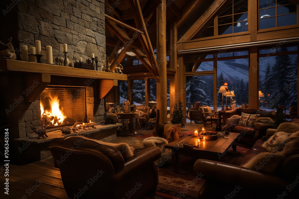 Guests relaxing by a ski lodge fireplace - enjoying the warmth and comfort of the seating area after a cold day on the slopes - epitomizing mountain lodge luxury and après-ski relaxation.