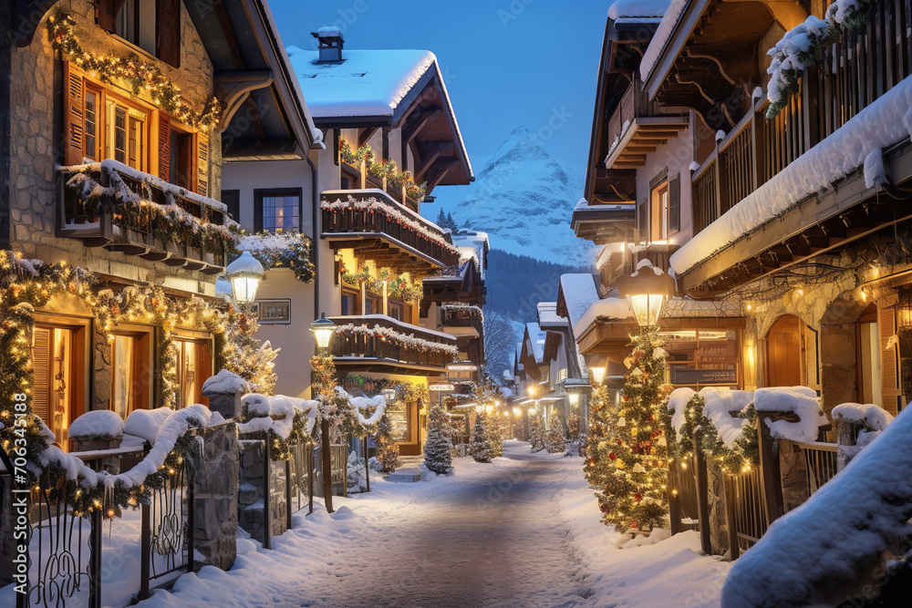 Snow-covered ski village at night, illuminated streets