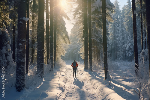 A cross-country skier gliding along a serene forest trail, facing an endurance challenge in a peaceful winter journey, surrounded by a scenic and tranquil natural setting photo
