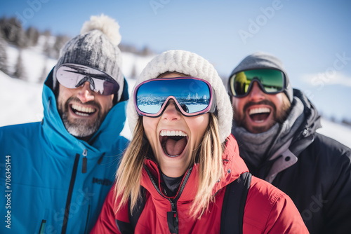 A group of friends sharing laughter and joy while skiing together - bonding over their shared adventure and experiencing the fun and excitement of a winter ski trip.