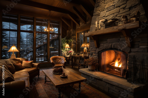 An old mountain ski lodge - rich in skiing heritage and rustic charm - offering a cozy retreat with the warmth of a fireplace - evoking feelings of winter nostalgia.