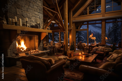 Guests relaxing by a ski lodge fireplace - enjoying the warmth and comfort of the seating area after a cold day on the slopes - epitomizing mountain lodge luxury and après-ski relaxation. photo