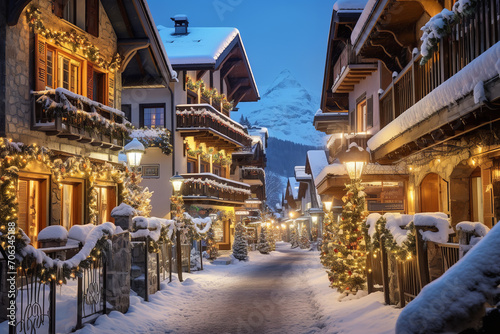 Snow-covered ski village at night, illuminated streets