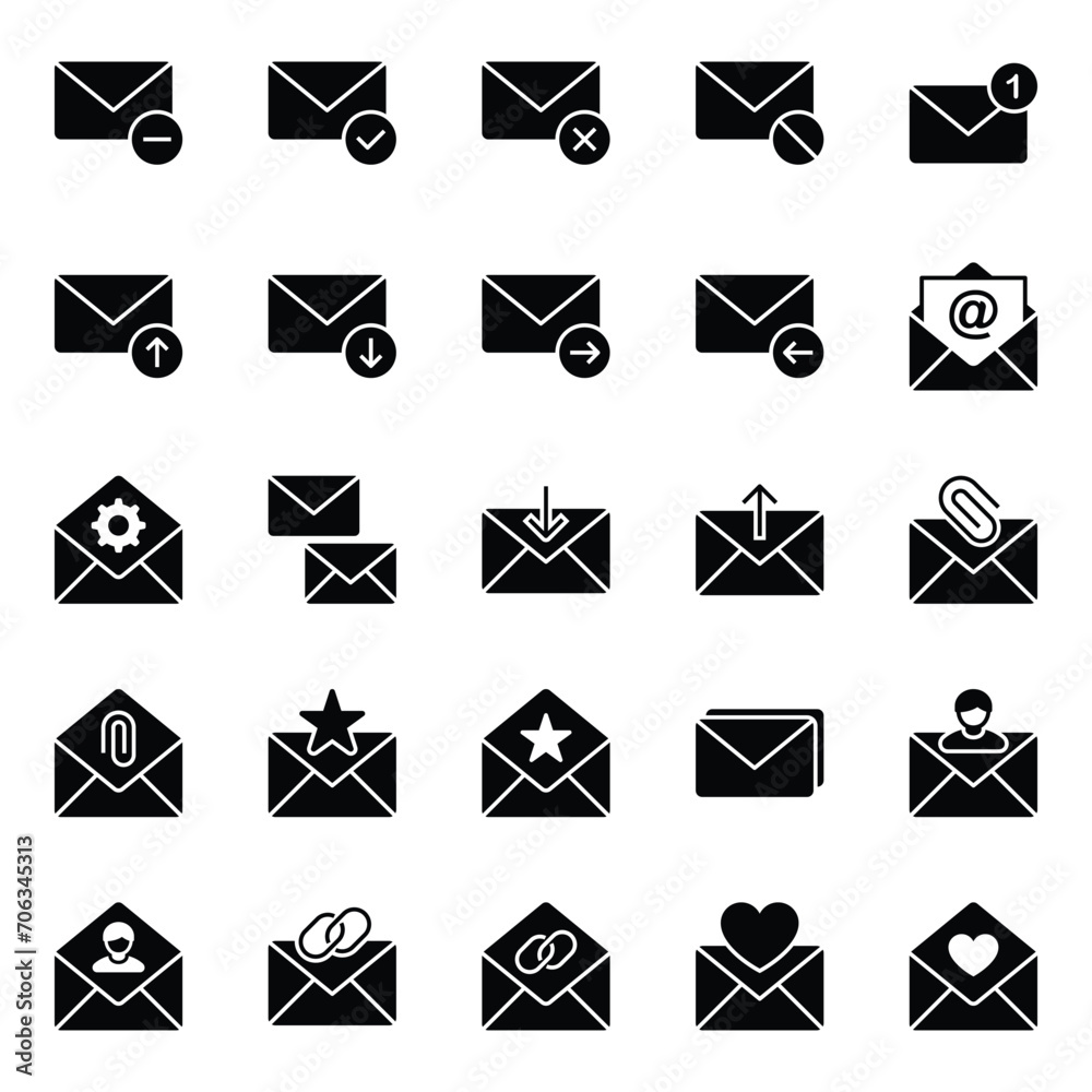 Glyph icons set for Email communication. Glyph icons set for Email communication.