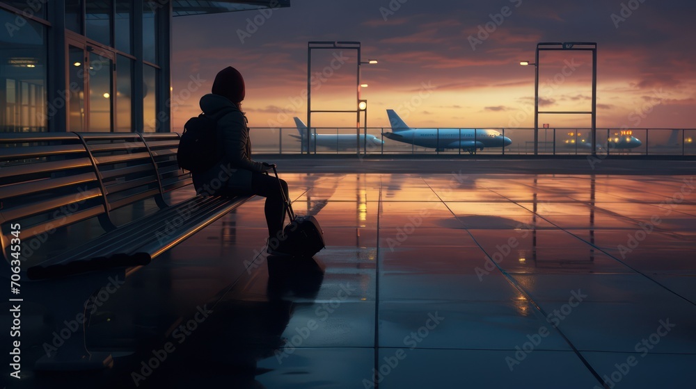 Silhouette of a passenger sitting at the airport towards the departure of the plane.