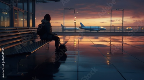 Silhouette of a passenger sitting at the airport towards the departure of the plane.