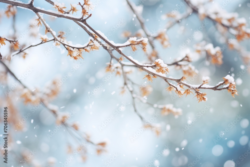 snowflakes on barren plum tree twigs