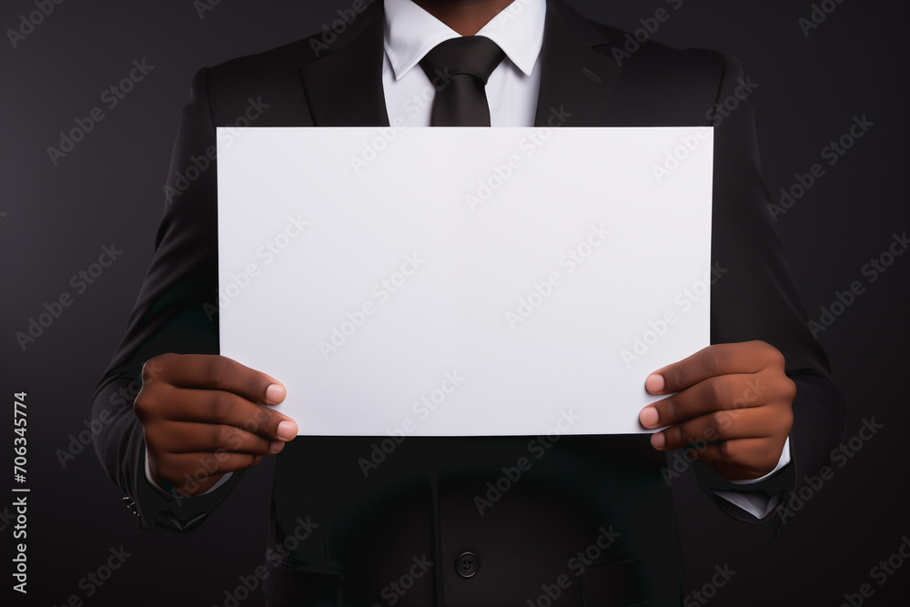 An African-American man dressed in a suit holds a blank sheet of paper with space to put texts An African-American man dressed in a suit holds a blank sheet of paper with space to put texts