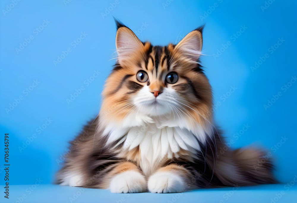 Fluffy kitty looking at camera on blue background, front view
