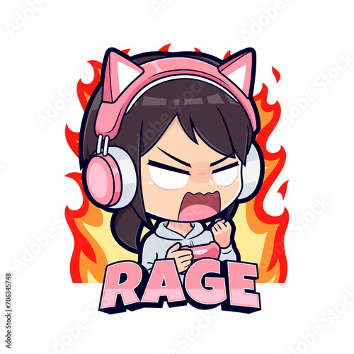 Gamer girl angry emotion cartoon character mascot logo vector