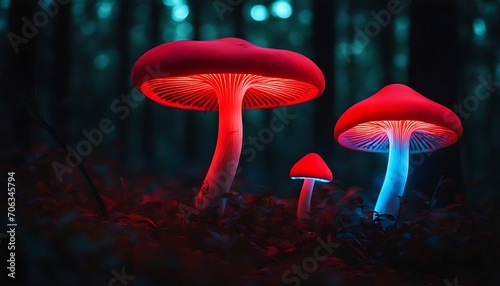Red neon mushrooms glowing in a dark forest. Red mushrooms with twinkling lights on them. Bioluminescent mushrooms -beauty of nature