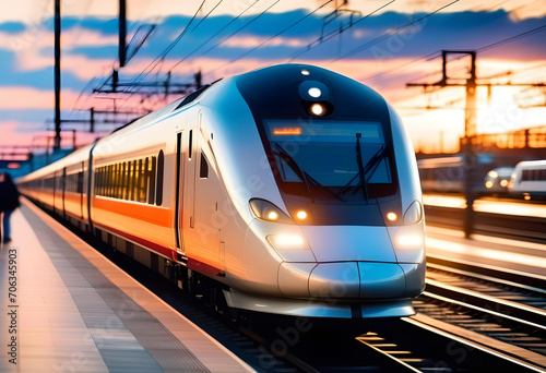 High speed train in motion on the railway station at sunset.