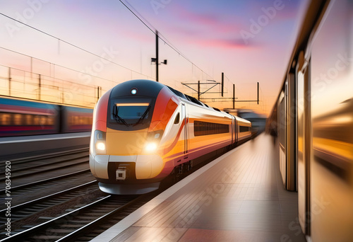 High speed train in motion on the railway station at sunset. © Hassan Rehman