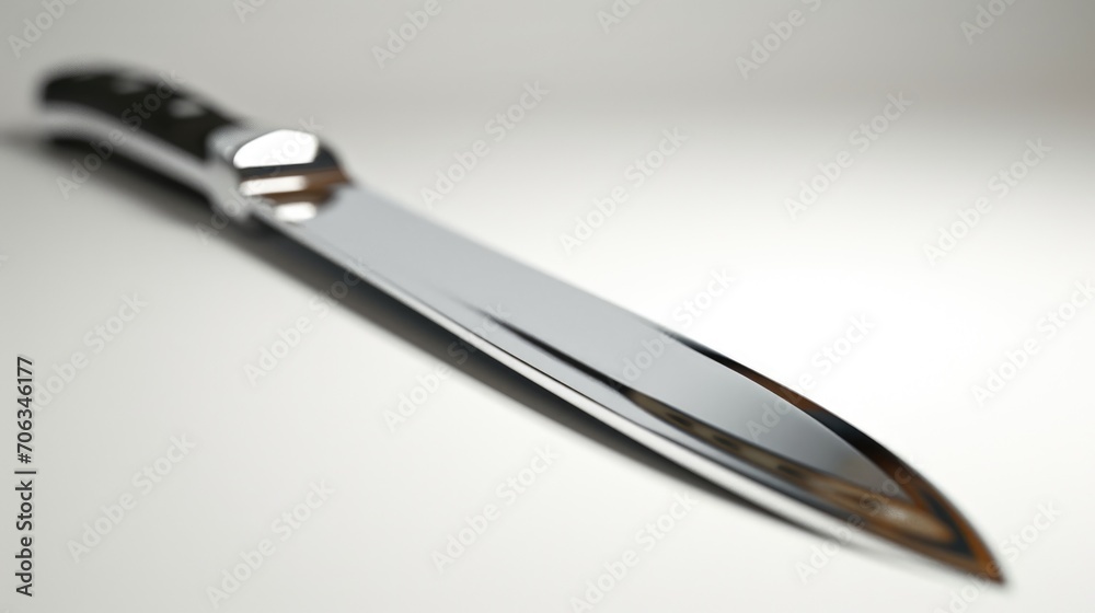A detailed view of a knife resting on a table. This image can be used to depict various concepts such as cooking, culinary skills, kitchen utensils, or even crime scenes A detailed view of a knife resting on a table. This image can be used to depict various concepts such as cooking, culinary skills, kitchen utensils, or even crime scenes