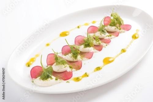 watermelon radish carpaccio with a dollop of goat cheese on porcelain