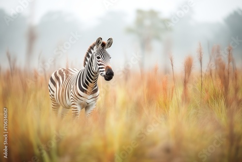 zebra grazing in foggy savannah