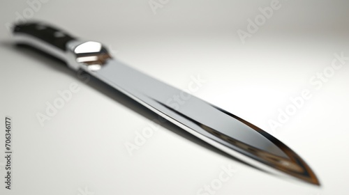 A detailed view of a knife resting on a table. This image can be used to depict various concepts such as cooking, culinary skills, kitchen utensils, or even crime scenes