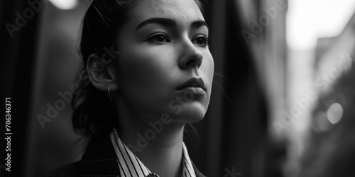 A black and white photo featuring a woman wearing a suit. Suitable for professional and corporate themes © Fotograf