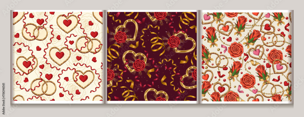 Valentines day seamless patterns with romantic symbols, roses, hearts, rings, spiral ribbon. For wedding, engagement event, Valentines Day, gift decoration. Vintage style.