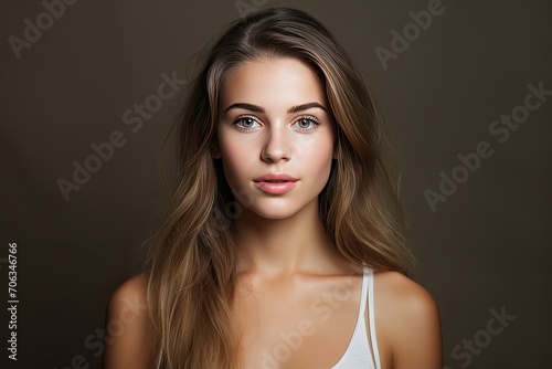 Portrait of young beautiful woman with perfect smooth skin isolated over white background. Facebuilding. Concept of natural beauty, plastic surgery, cosmetology, cosmetics, skin care