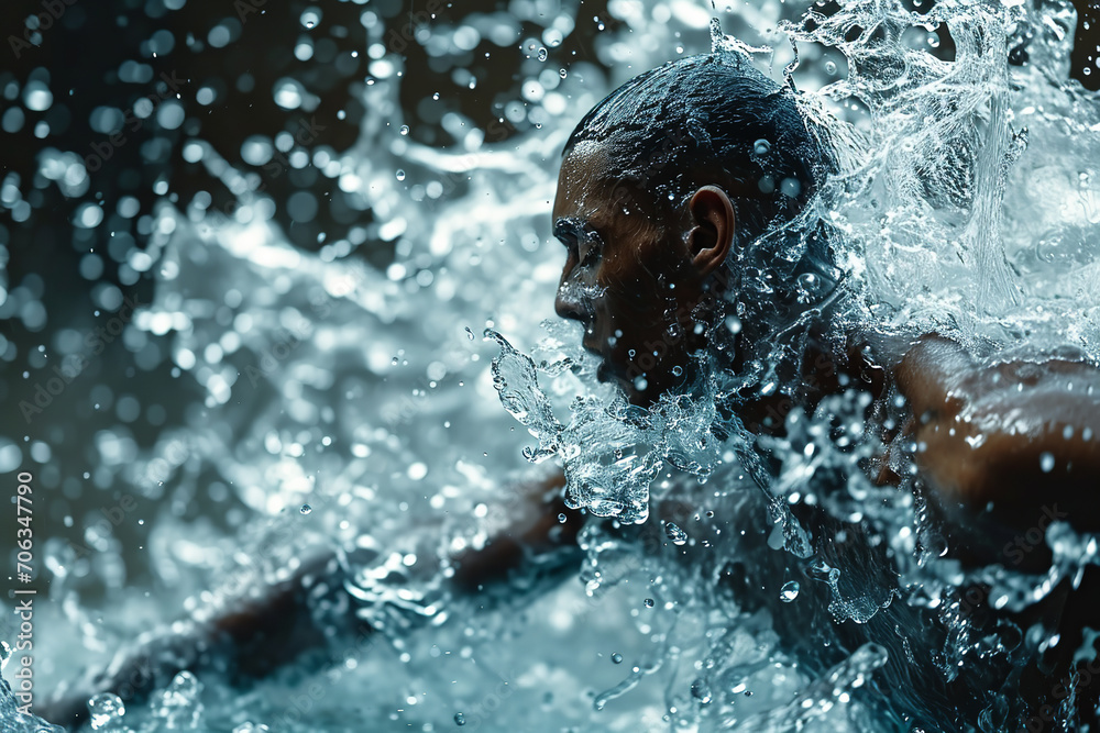 Athletic male figure surrounded by splashes of water, concept of strength, freedom, energy, freshness.
