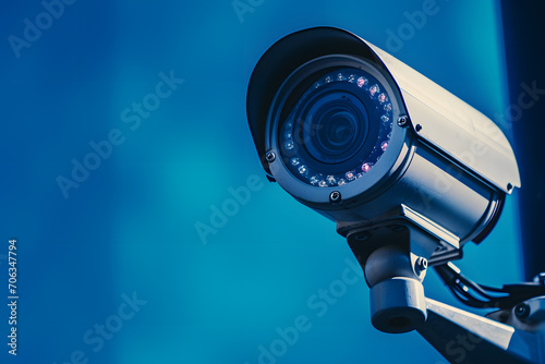 Close-up of a CCTV camera. Constantly tracking people or social security concept