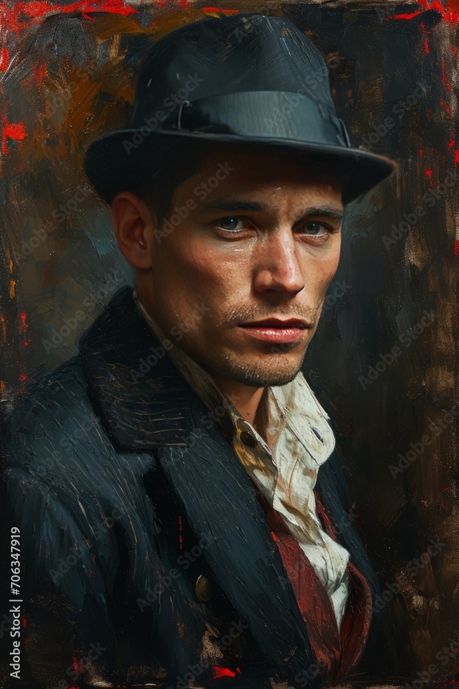 Illustrate a compelling 1900s mafia group study in oil paint, using cinematic techniques to enhance the atmosphere of danger and suspense. Illustrate a compelling 1900s mafia group study in oil paint, using cinematic techniques to enhance the atmosphere of danger and suspense.