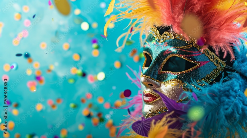 Exuberant Carnival Spirit.
Colourful feathered mask against a confetti-strewn turquoise backdrop.