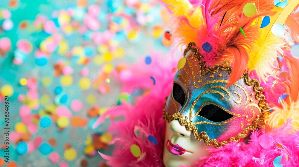 Carnival Mask Festivity.
Mask with colourful feathers on a bokeh confetti background.