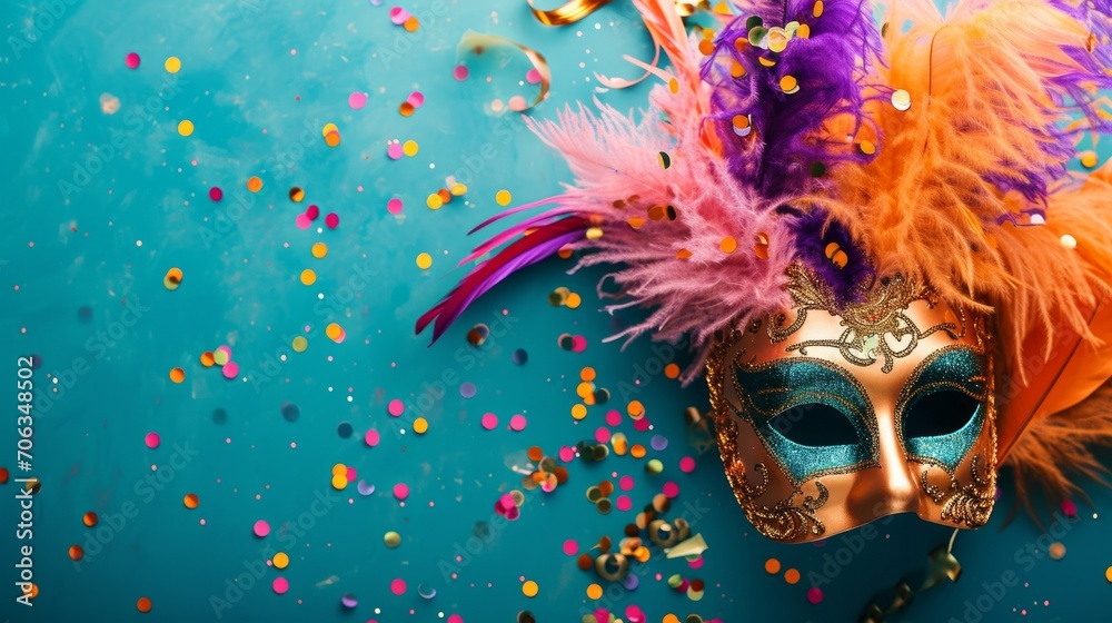Joyous Carnival Mask.
Carnival mask against a shower of golden confetti.