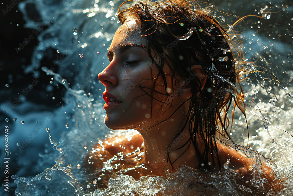 Athletic female figure surrounded by splashes of water, close up portrait, sunlight, concept of variability, freedom, energy, freshness.